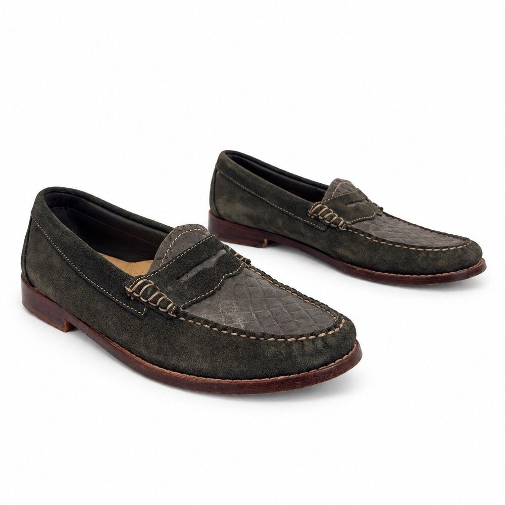 G.H. Bass Weejuns Penny Loafers Womens 7.5 M Olive Suede Gray Embossed Leather